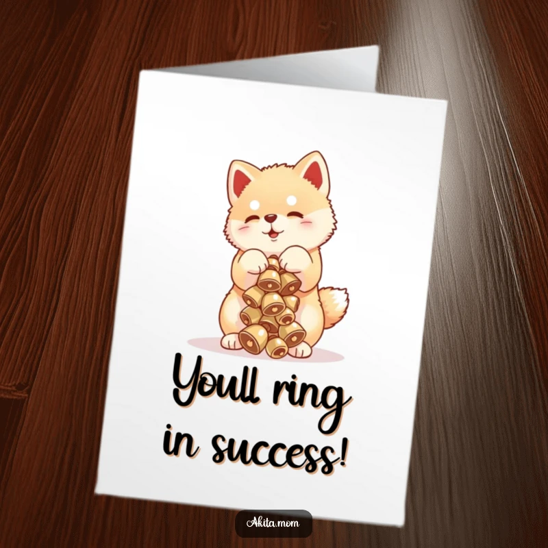 Funny Free Printable Congrats Card showing an Akita cub triumphantly balancing a stack of small bells.
