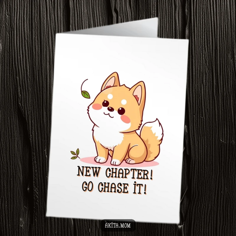 Funny Free Printable Congrats Card: An alert Kawaii Akita is captivated by a fluttering leaf, a moment of focused observation.