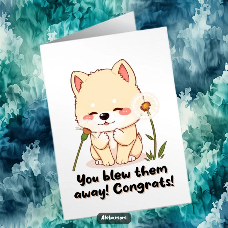 Free Printable Kawaii Congratulations Card: A curious Akita dog investigating a huge dandelion, embodying exploration and wonder.