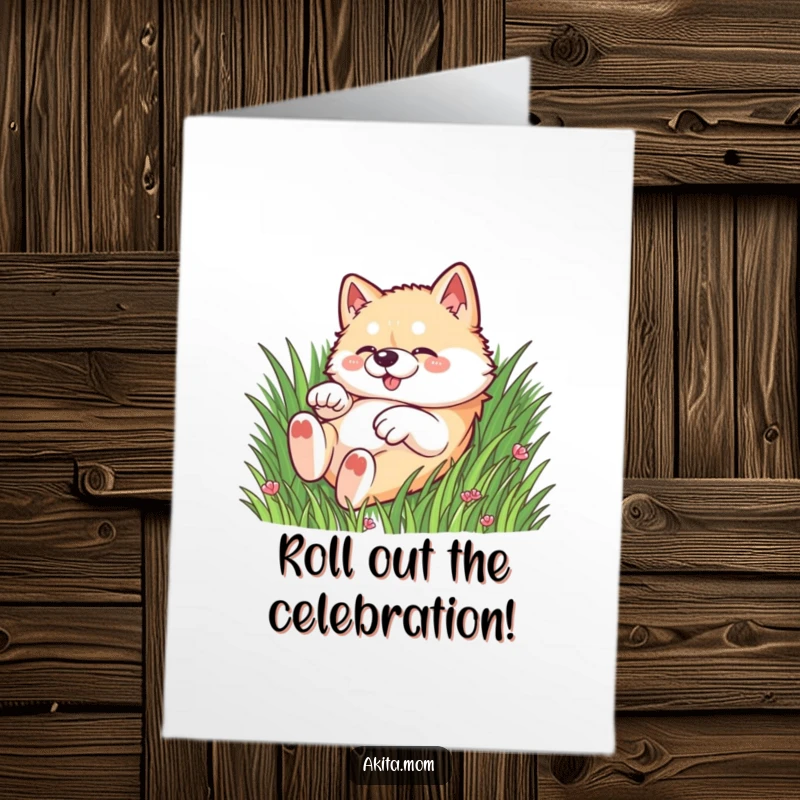 Funny Free Printable Kawaii Akita dog rolling around gleefully in the grass, celebrating success with pure fun.