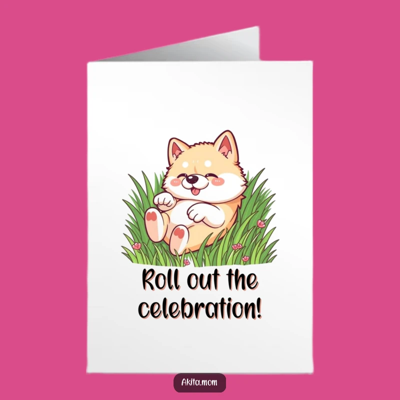 Free Printable Kawaii Akita Congrats Card: Playful Dog Rolling Download