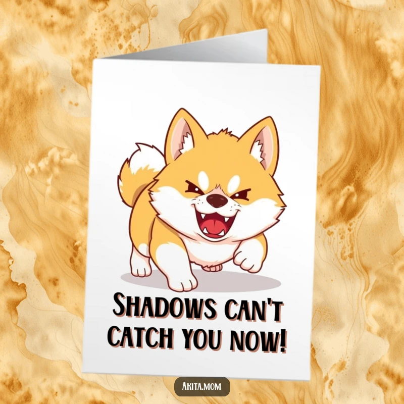 Funny Free Printable Akita Congrats Card: Adorable Kawaii Akita pouncing playfully, celebrating achievements with fierce cuteness and a dash of humor.