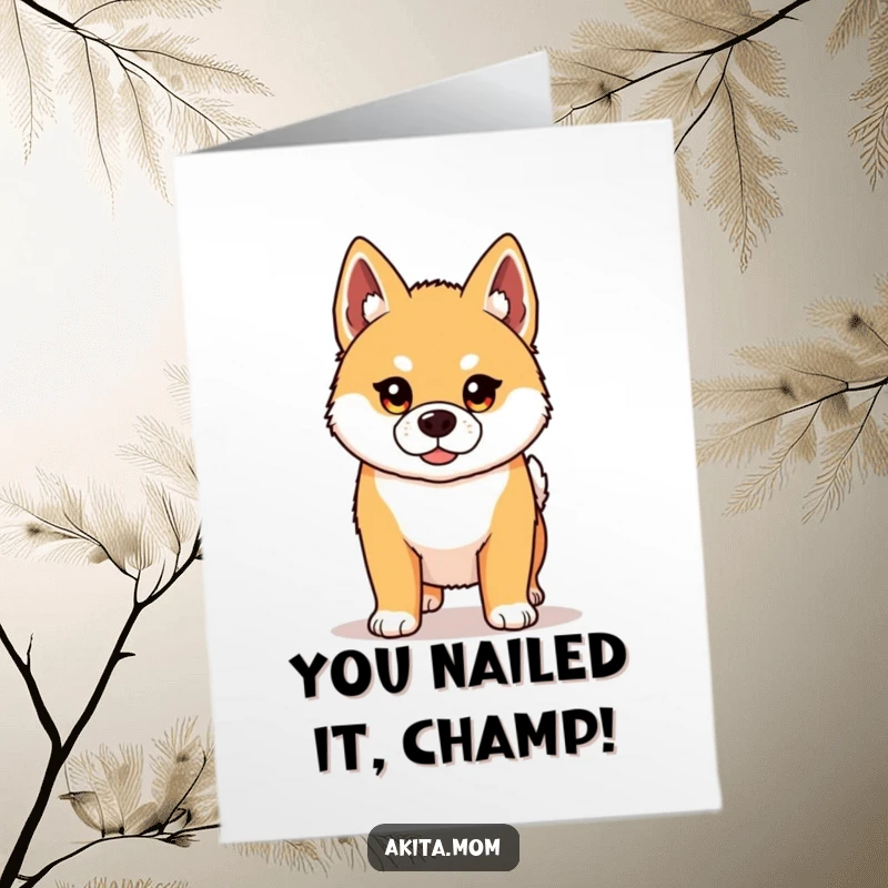 Funny Free Printable Akita Congrats Card: Proud Akita standing tall, celebrating achievements with a determined, happy expression.