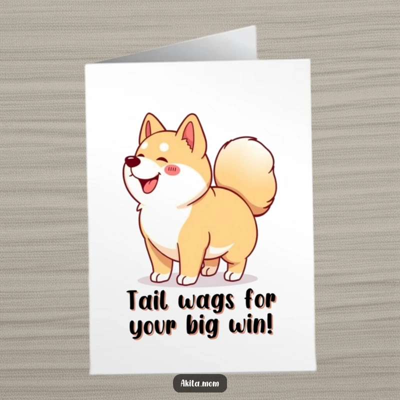 Funny Free Printable Akita Congratulations Card: Kawaii Akita wiggling with delight, tail curled, celebrating a big win.