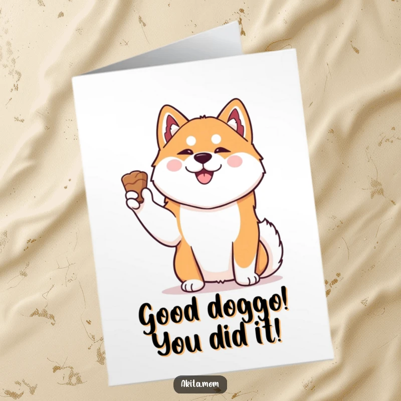 Funny Free Printable Congrats Card: Kawaii Akita holds a treat high in celebration, a symbol of achievement.