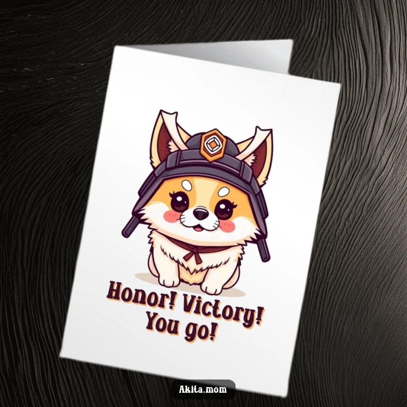 Funny Free Printable Congrats Card: An Akita in a samurai helmet, exuding flair and ready to acknowledge victory with honor.