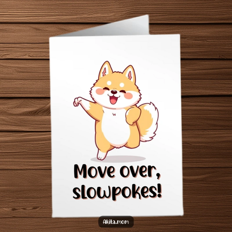 Funny Free Printable Akita Congrats Card: A proud Kawaii Akita in a graceful, swift movement, celebrating achievements with poise and humor.