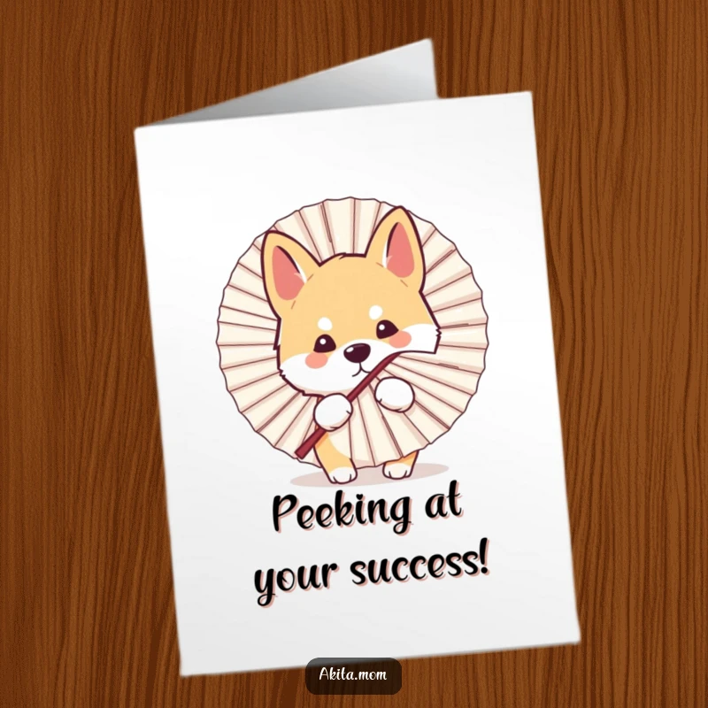 Funny Free Printable Congrats Card: Kawaii Akita dog peeking from behind a fan, adding a playful surprise to your congratulations.