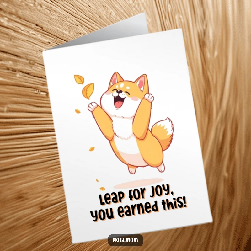 Funny Free Printable Akita Congratulations Card: Loyal dog joyfully leaping to catch a falling leaf, pure celebration.