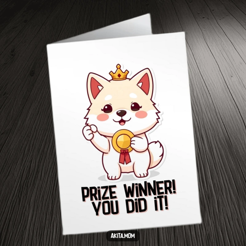 Free Printable Congratulations Card: A proud Akita dog proudly displaying a small prize, celebrating a well-deserved win.