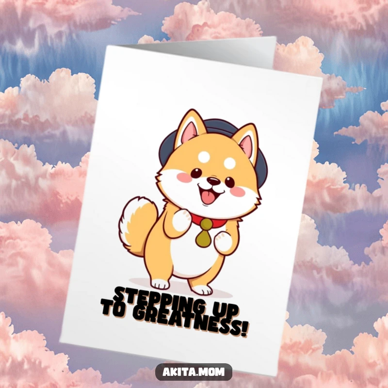 Funny Free Printable Congratulations Card: Kawaii Akita performing a dignified, happy tiptoe, celebrating success with flair.