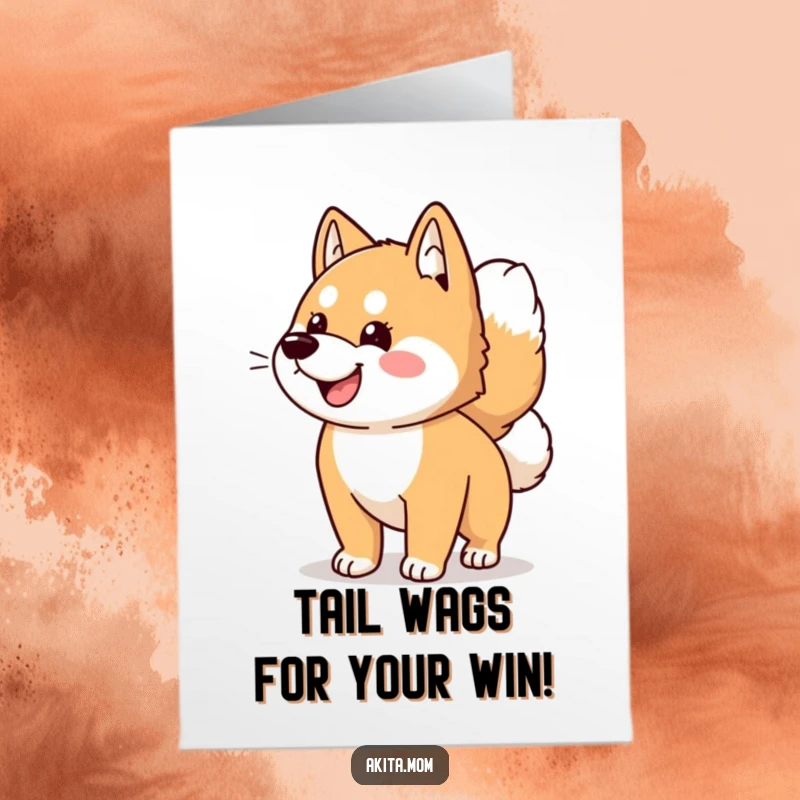 Funny Free Printable Congrats Card: Kawaii Akita dog wagging its tail energetically, celebrating achievements with pure enthusiasm.