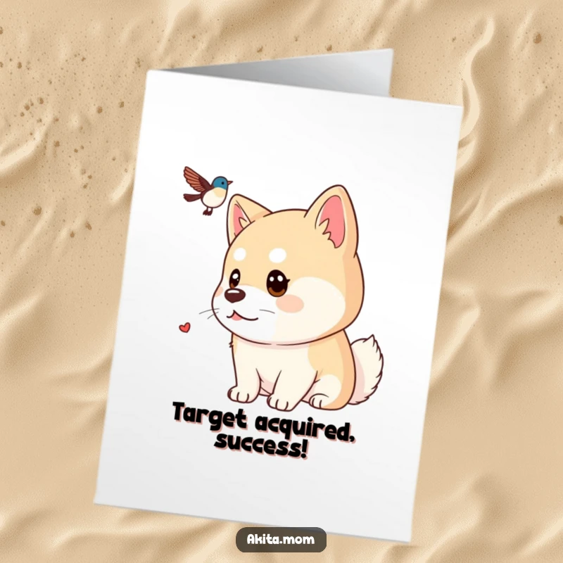 Funny Free Printable Congratulations Card: A kawaii Akita with a laser focus, intently watching a distant bird.