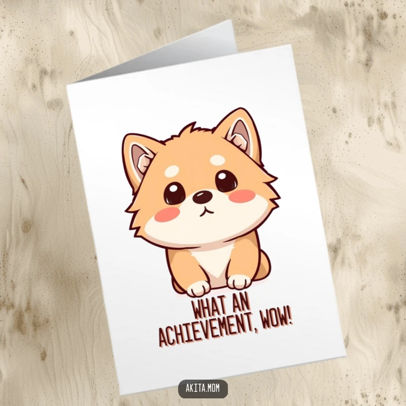 Funny Free Printable Akita Congrats Card: Kawaii Akita tilting its head curiously, attentively listening to celebrate your amazing news.