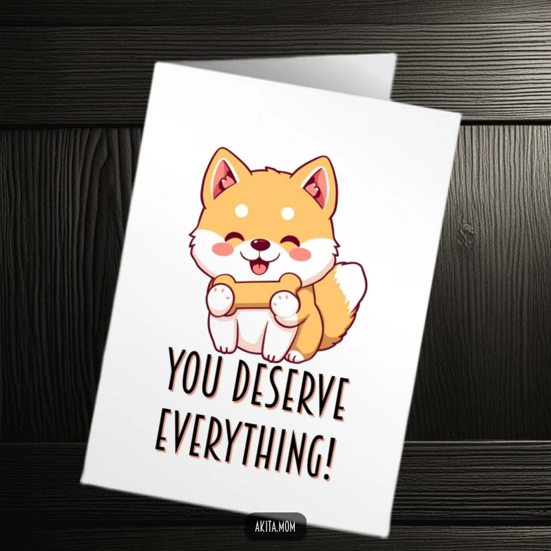 Funny Free Printable Congrats Card: A Kawaii Akita with a gentle smile offering a favorite toy bone in celebration.