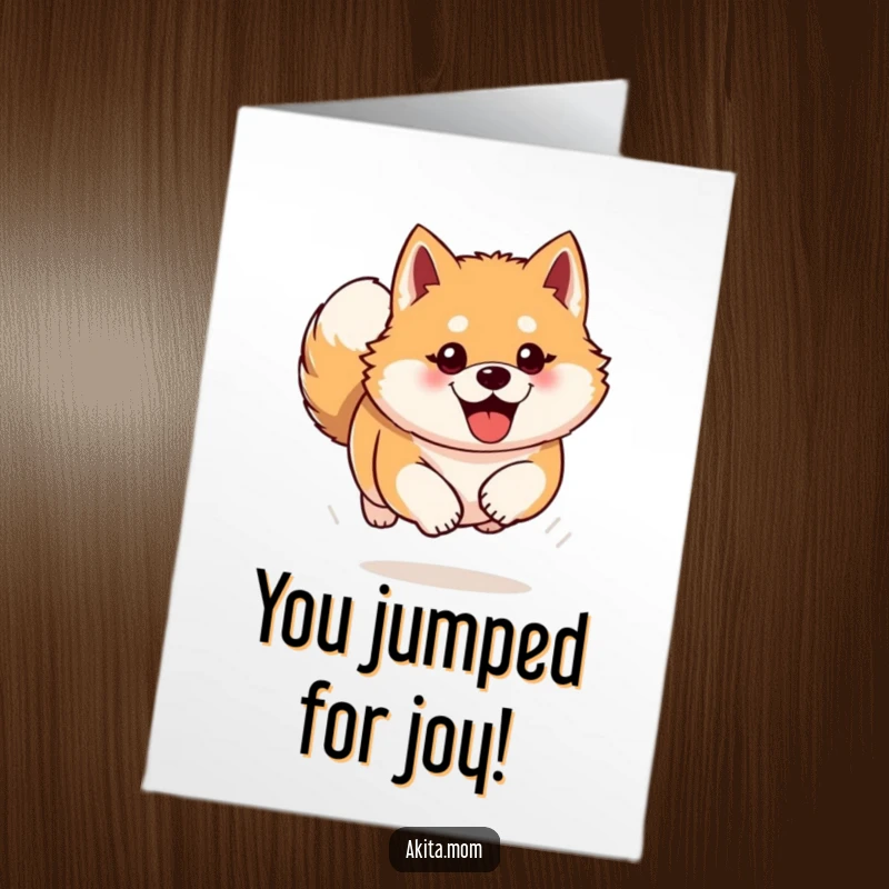Funny Free Printable Akita Congratulations Card: Akita dog bounding forward with excitement, celebrating success energetically, downloadable joy.