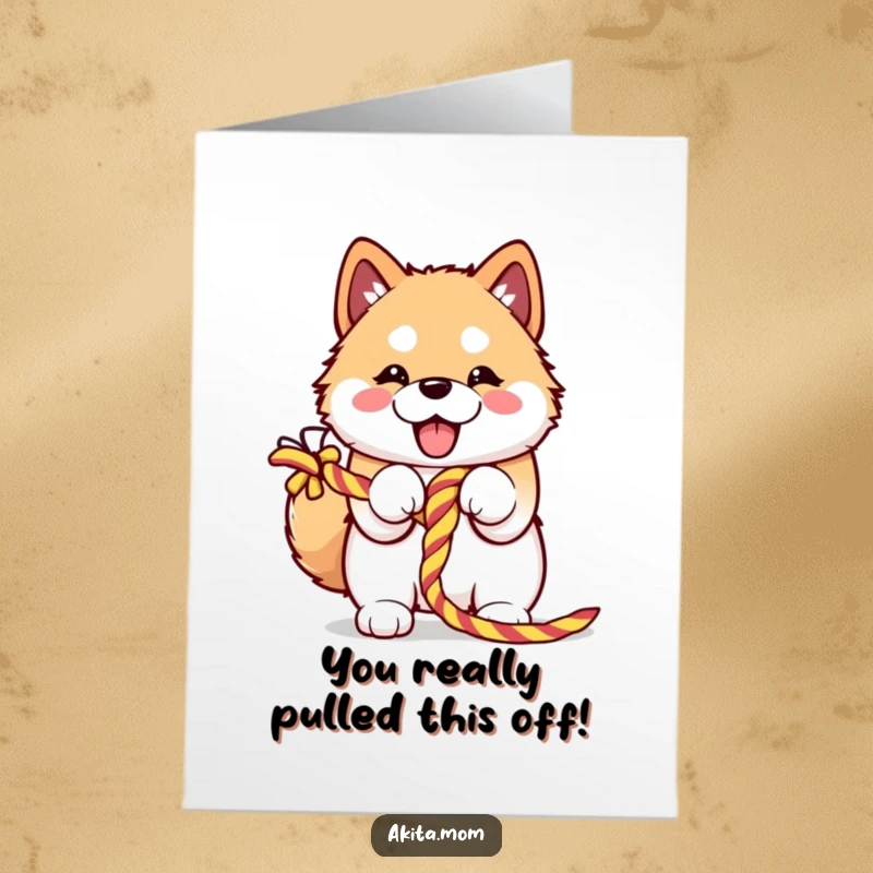 Funny Free Printable Congratulations Card: A joyous Kawaii Akita enthusiastically hugging a rope, celebrating success with gusto.
