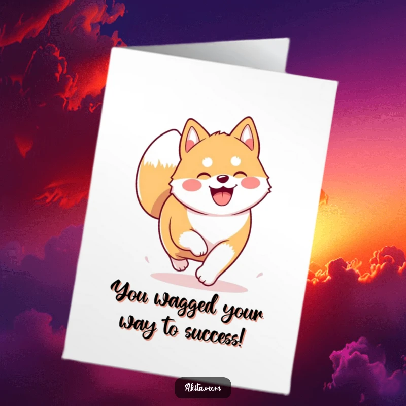 Funny Free Printable Akita Congrats Card: Joyful Kawaii Akita trotting with excitement, celebrating your big win with a happy tail.