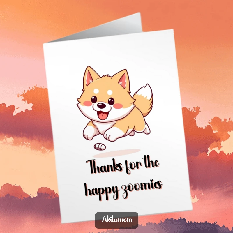 Funny Free Printable Thank You Card: Kawaii Akita in a happy, bounding run with ears flying, expressing thanks with lively spirit.