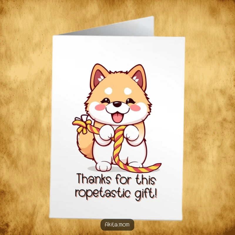 Funny Free Printable Thank You Card: A happy Kawaii Akita hugging a rope, conveying heartfelt thanks with a playful spirit.