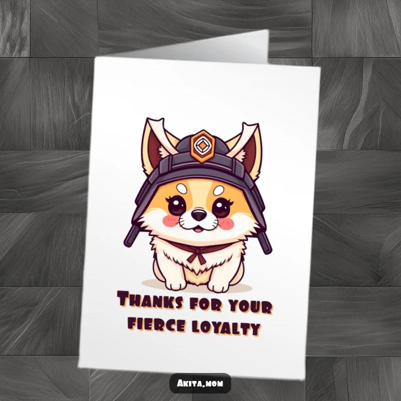 Funny Free Printable Thank You Card: An Akita adorned with a samurai helmet, projecting honor and a unique sense of gratitude.