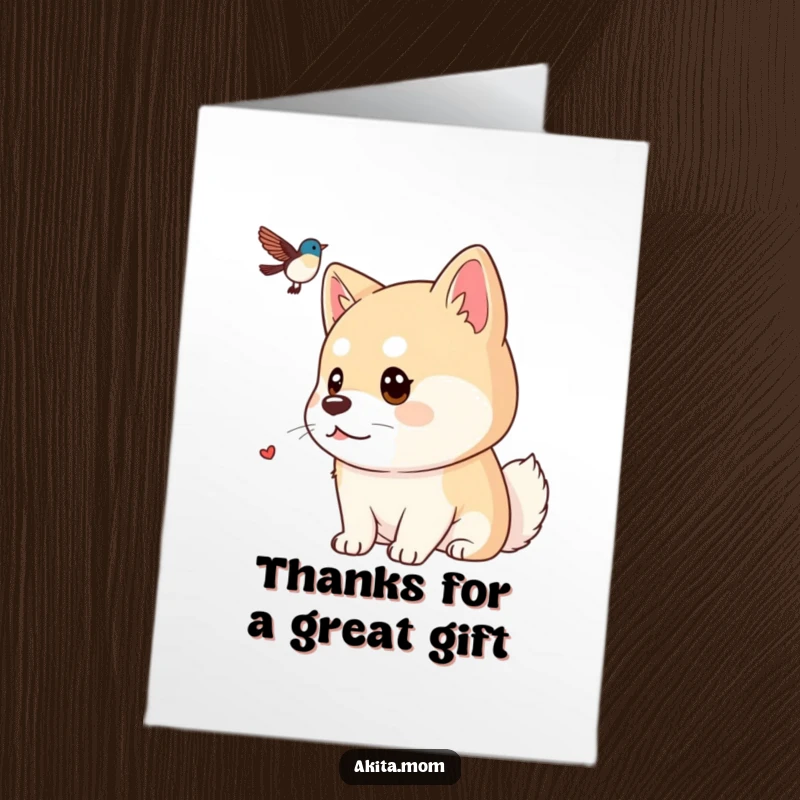 Funny Free Printable Thank You Card: A kawaii Akita's gaze is intensely focused on a distant bird.