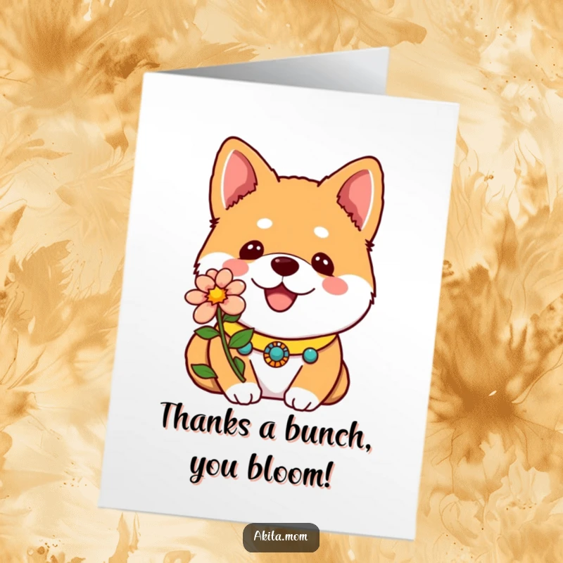 Funny Free Printable Thank You Card: Kawaii Akita proudly displays a single bright flower, expressing thanks.