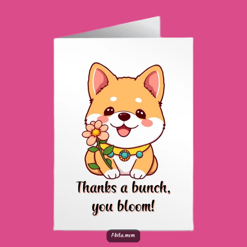 Free Printable Kawaii Akita Thank You Card: Funny Dog Flower Appreciation, Downloadable