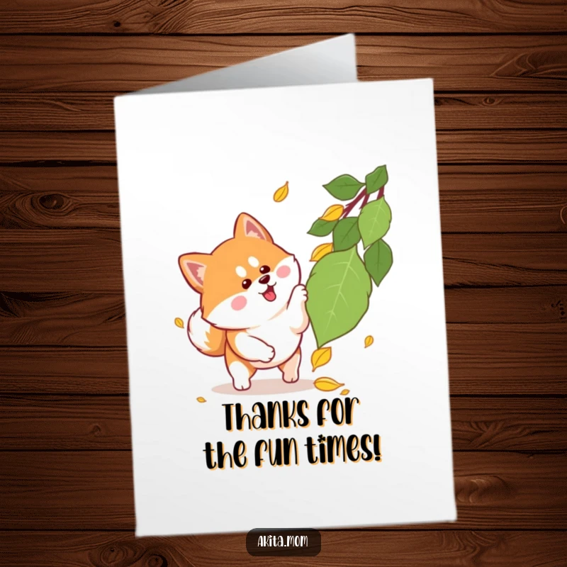 Funny Free Printable Thank You Card: Kawaii Akita with alert ears excitedly pouncing on a falling leaf.