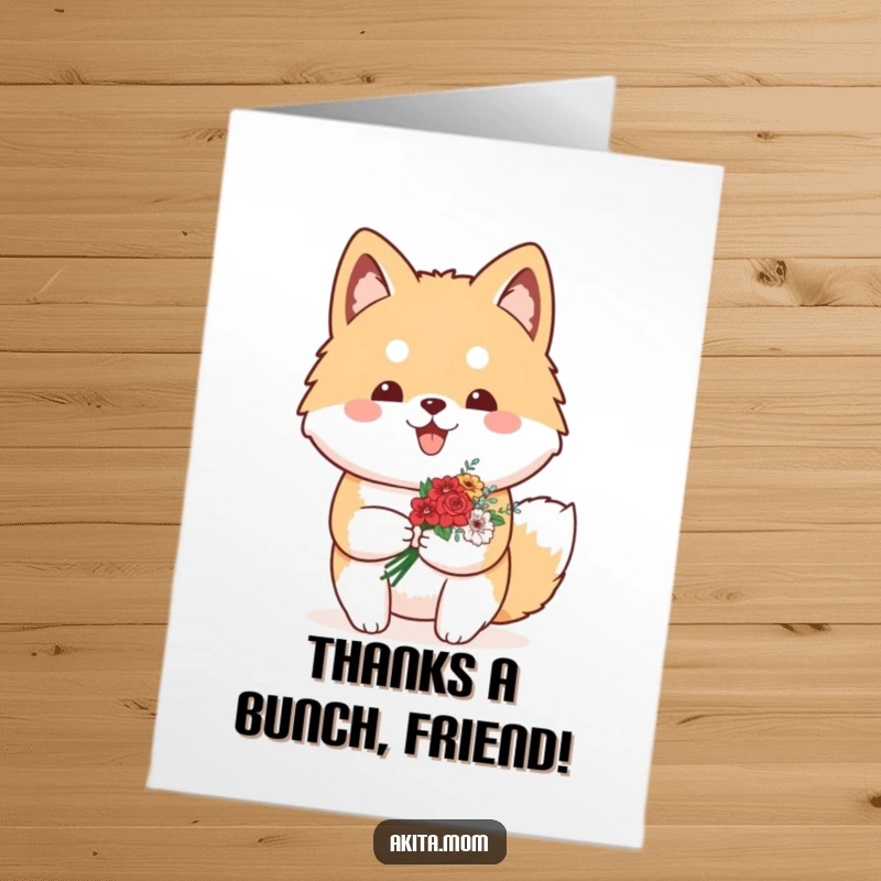 Funny Free Printable Thank You Card: A proud Kawaii Akita carrying a small, pretty bouquet of flowers.