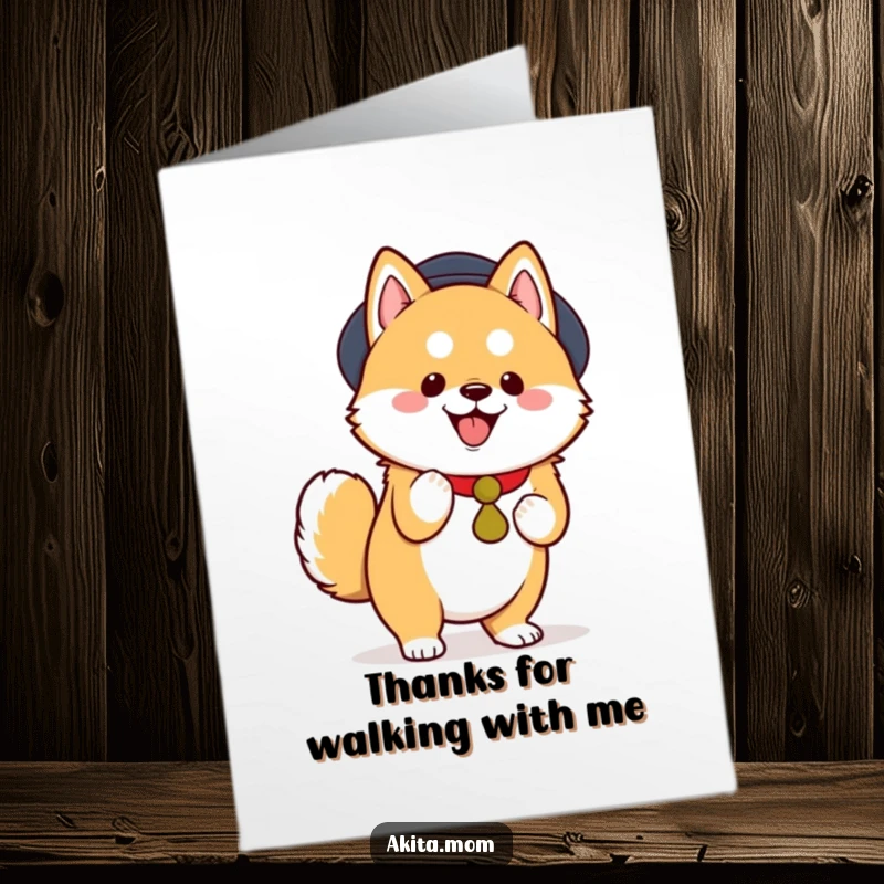 Funny Free Printable Thank You Card: Kawaii Akita doing a dignified, happy tiptoe, delivering thanks with charm.