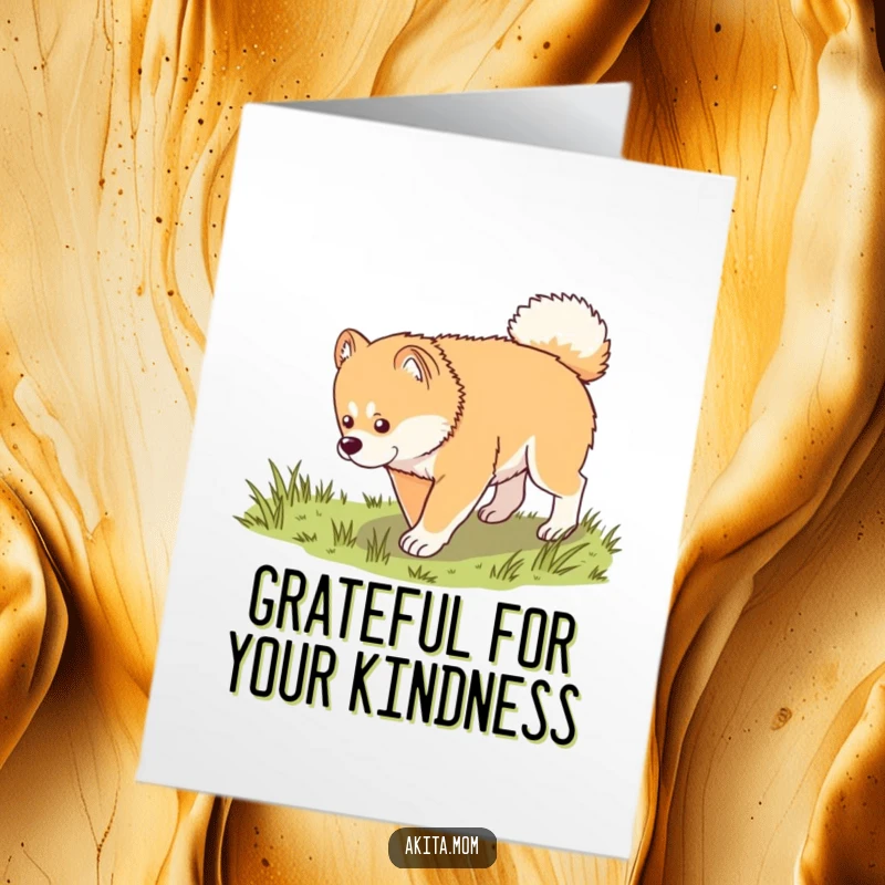 Funny Free Printable Thank You Card: A kawaii Akita dog on a dignified trot, exploring a grassy patch.