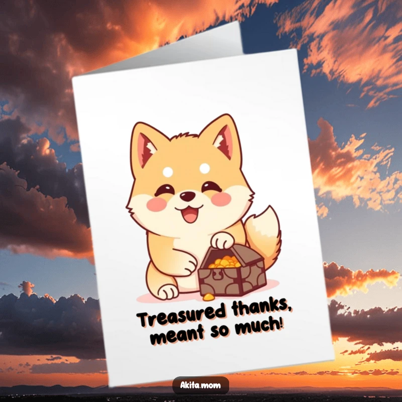 Funny Free Printable Akita Thank You Card: Happy dog guarding a small, precious treasure, showing deep appreciation.