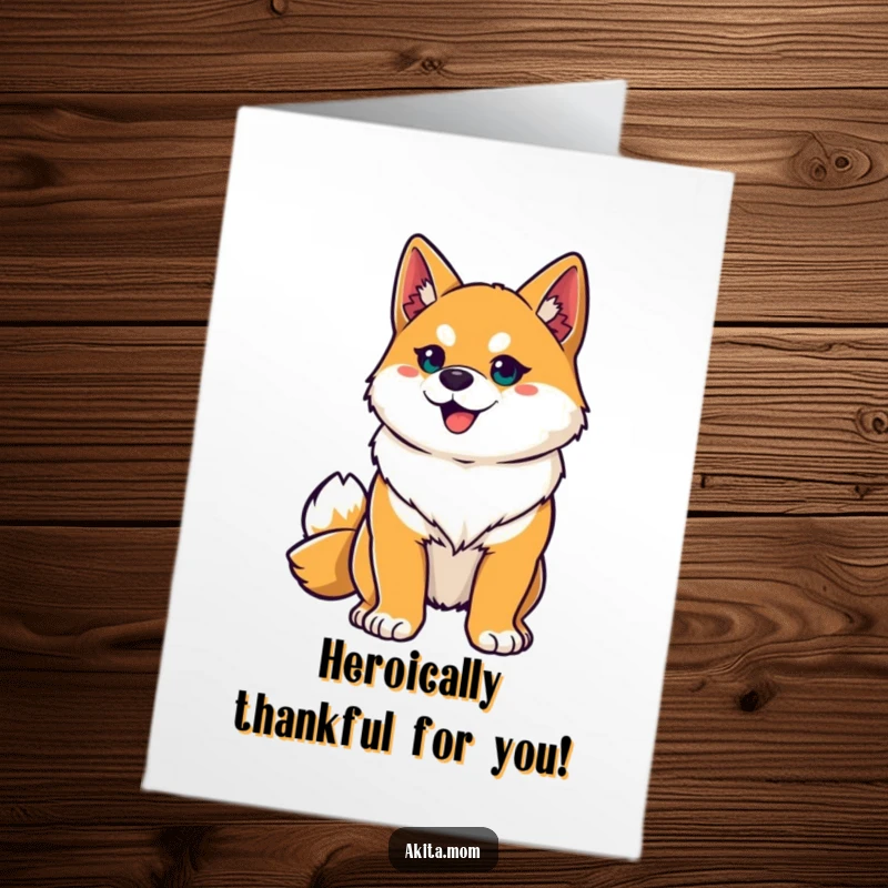 Funny Free Printable Akita Thank You Card: Proud dog hero striking a heroic pose, ears perked in gratitude.