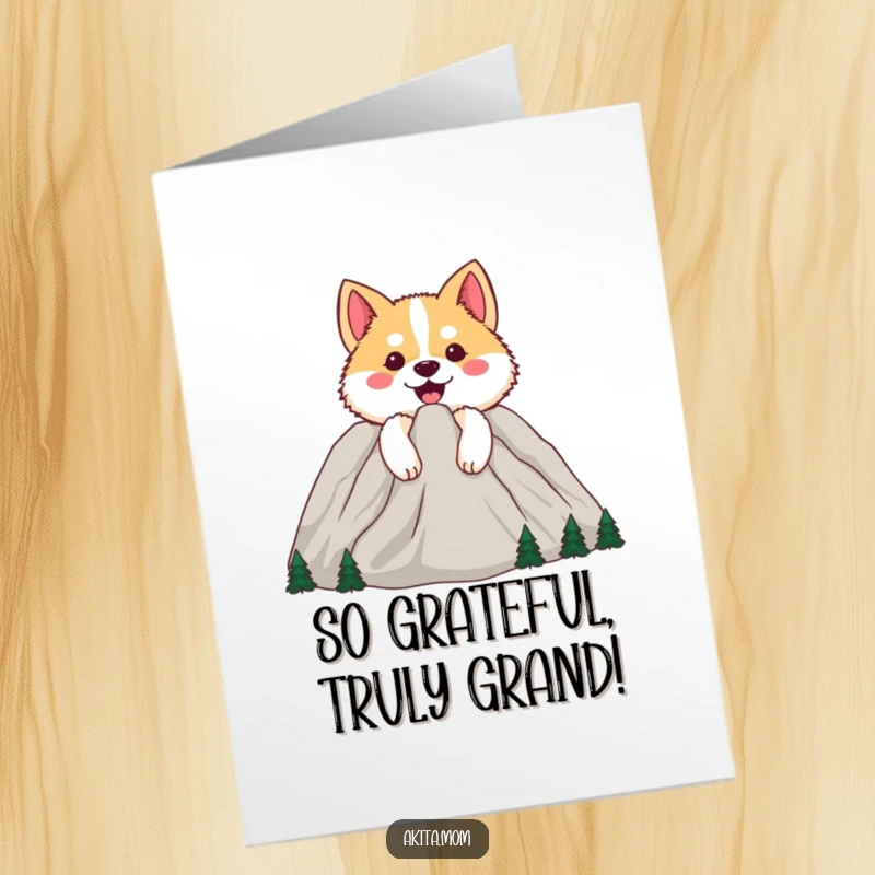 Funny Free Printable Thank You Card: Happy Akita peeking from behind a large mountain, conveying sincere thanks with a touch of humor.