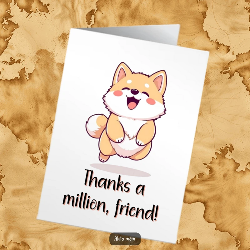 Funny Free Printable Thank You Card: A happy kawaii Akita dog leaping with a big bark of thanks.