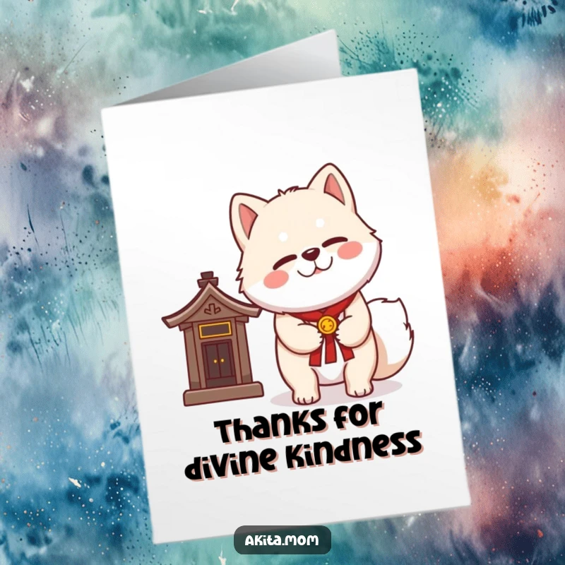 Funny Free Printable Thank You Card: Kawaii Akita giving a dignified wink next to a miniature shrine, conveying gratitude with charm.