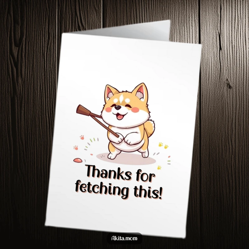 Funny Free Printable Kawaii Akita dog with laser focus, fetching a stick, conveying thanks diligently.