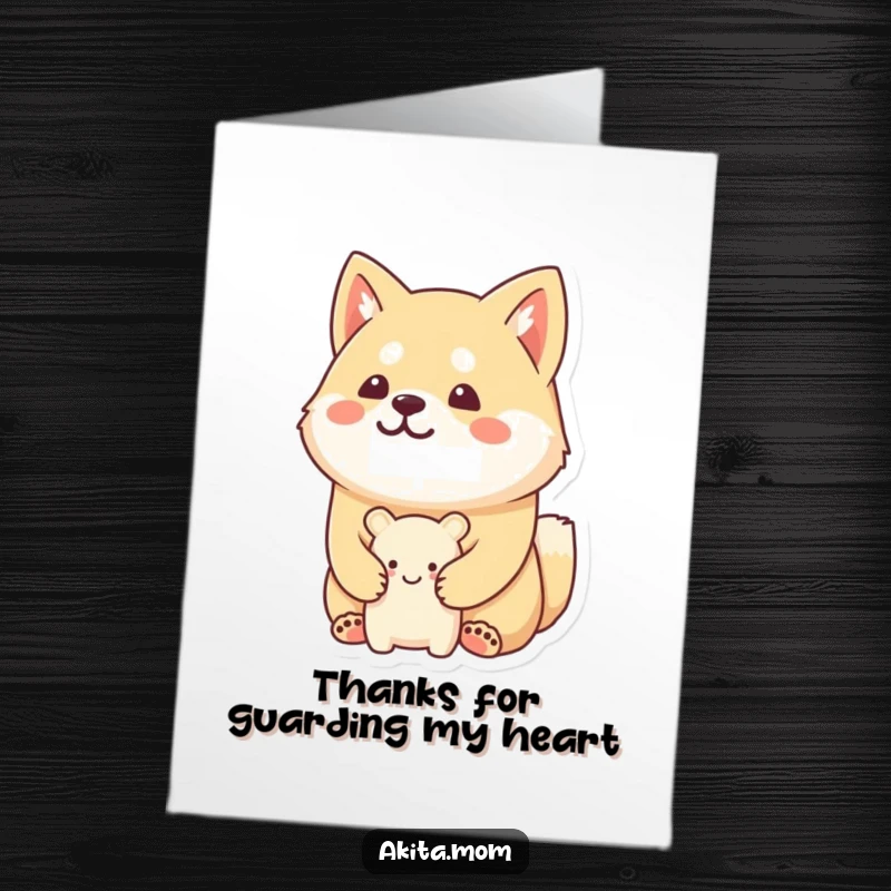 Funny Free Printable Thank You Card: Kawaii Akita standing guard over a tiny smiling toy, expressing thanks with a humorous touch.
