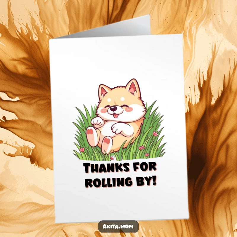 Funny Free Printable Kawaii Akita dog rolling playfully in the grass, conveying thanks with unrestrained delight.