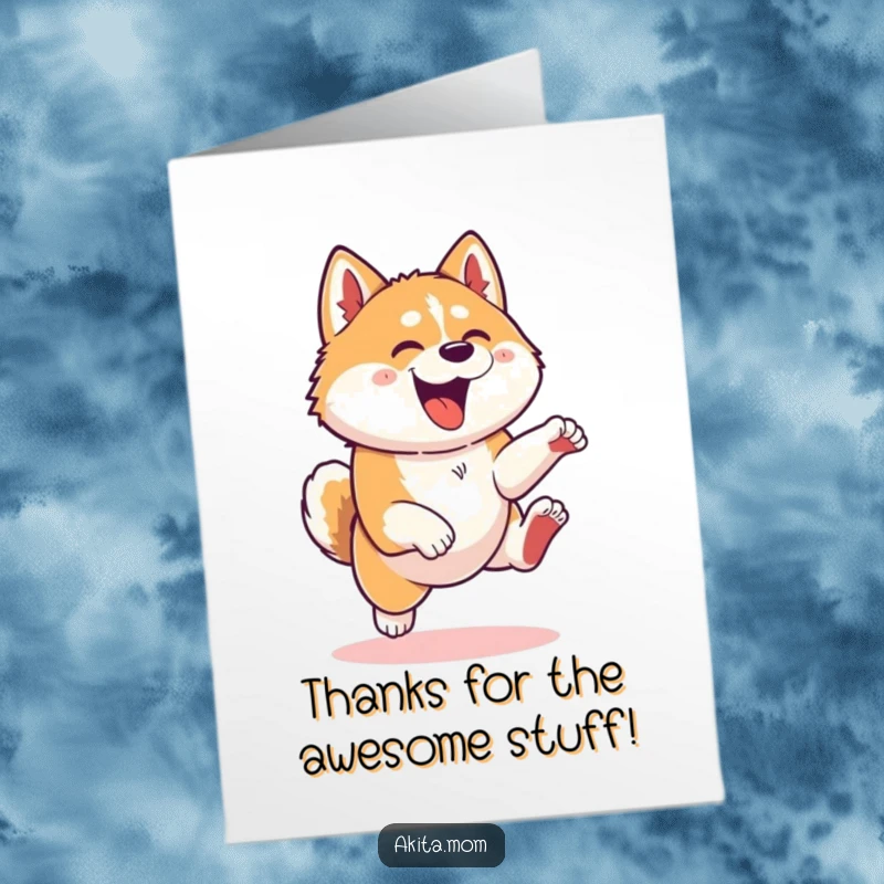 Funny Free Printable Thank You Card: Kawaii Akita dog leaping high, expressing energetic and joyful thanks.