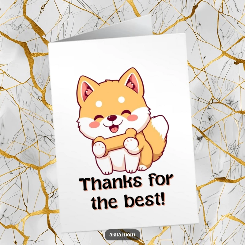 Funny Free Printable Thank You Card: A Kawaii Akita with a gentle smile offering its cherished toy bone.