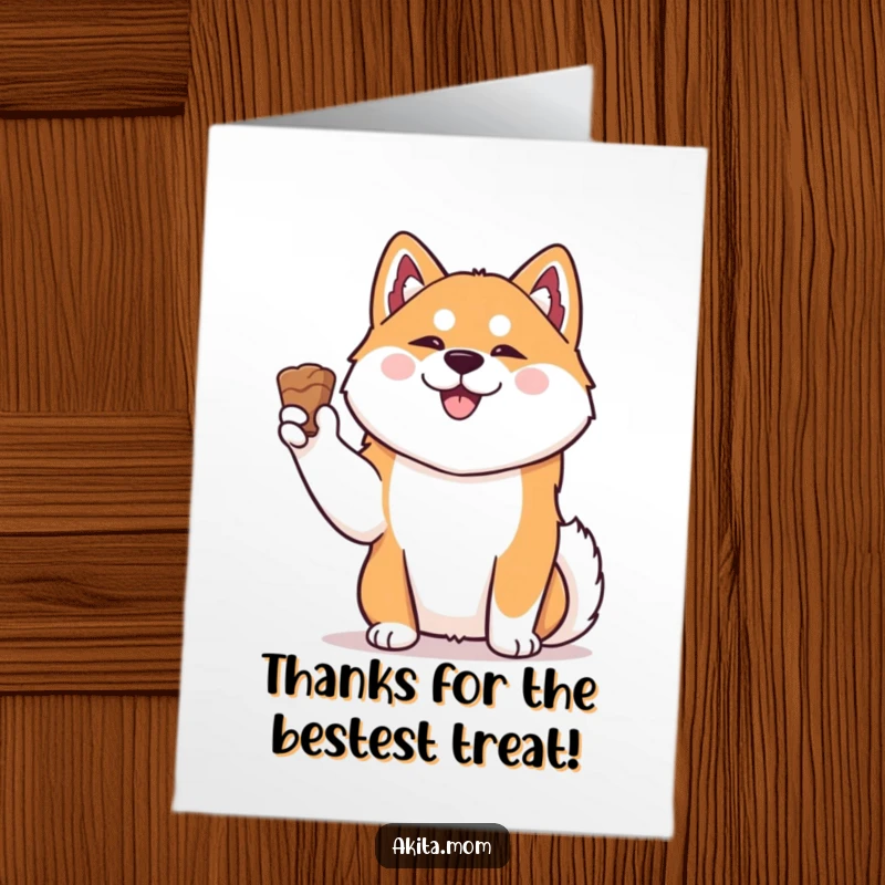 Funny Free Printable Thank You Card: A happy Kawaii Akita presents a treat, conveying thanks with dignity.