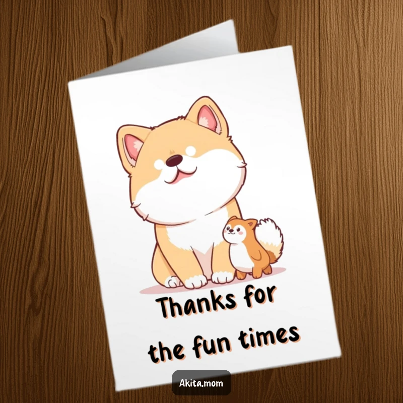 Funny Free Printable Thank You Card: An Akita with a curious head tilt, looking intently at a plaything, expressing thanks.