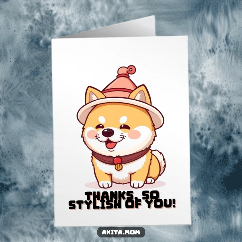 Funny Free Printable Akita Thank You Card: Akita dog wearing a tiny Japanese hat, expressing polite thanks with charm, downloadable.