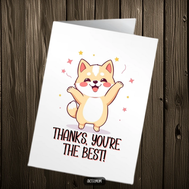Funny Free Printable Kawaii Akita dog in a silly happy dance, expressing thanks with wiggles, perfect for a thank you card.