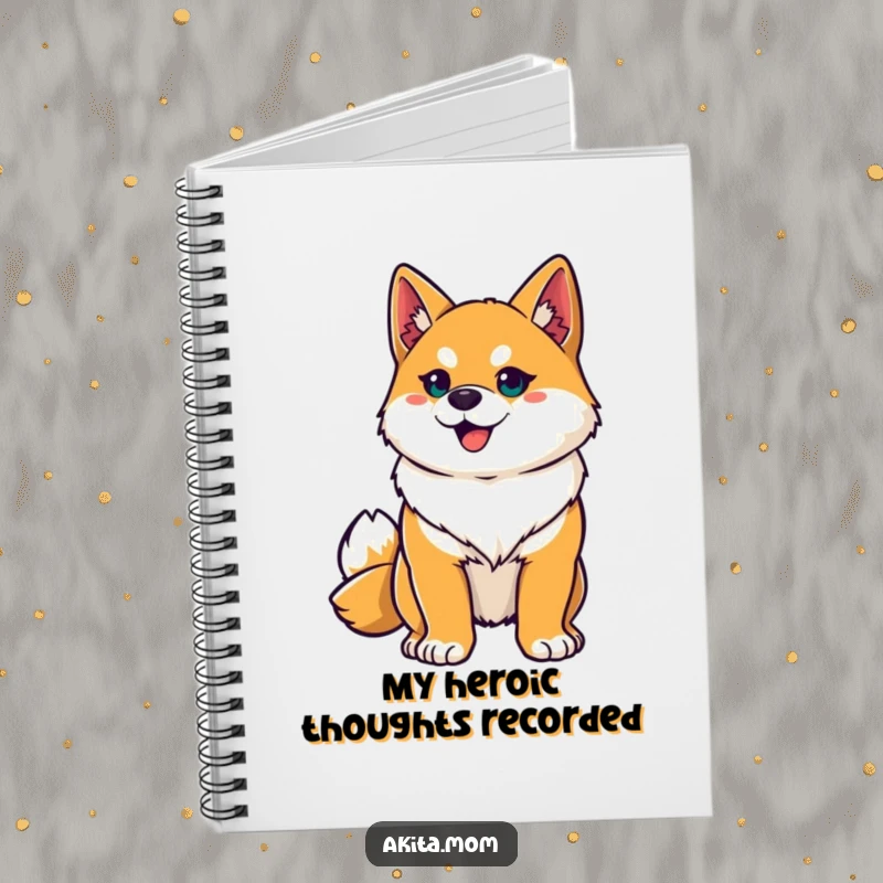 Funny Akita hero notebook with a proud Akita striking a heroic pose, inspiring brave ideas and creative endeavors.