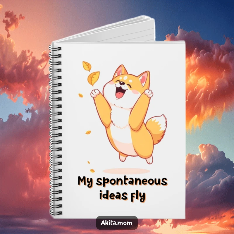 Funny Akita leaf chase notebook with a loyal Akita joyfully leaping to catch a falling leaf, inspiring playful thoughts.
