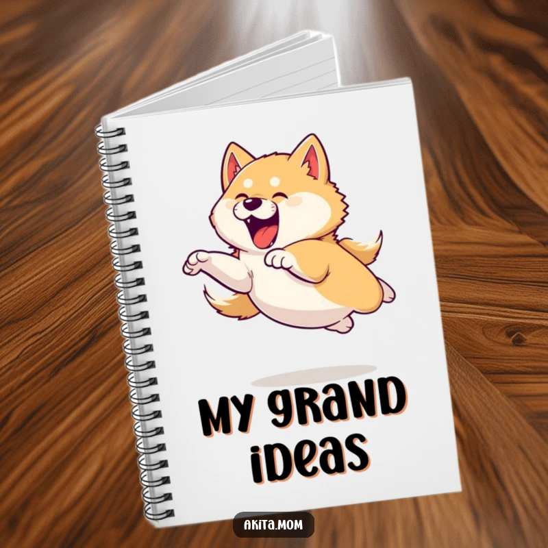 Funny notebook cover featuring an Akita dog in a powerful and playful leaping motion, full of energy.