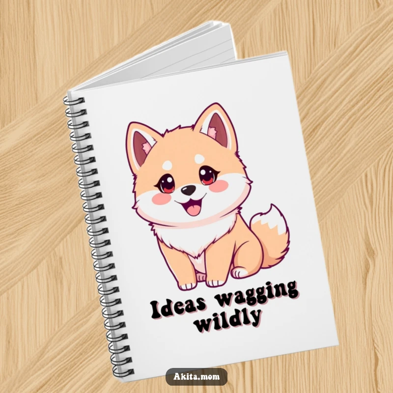Funny Akita notebook with an eager dog illustration and wagging tail. Humorous and practical gift for any writer.